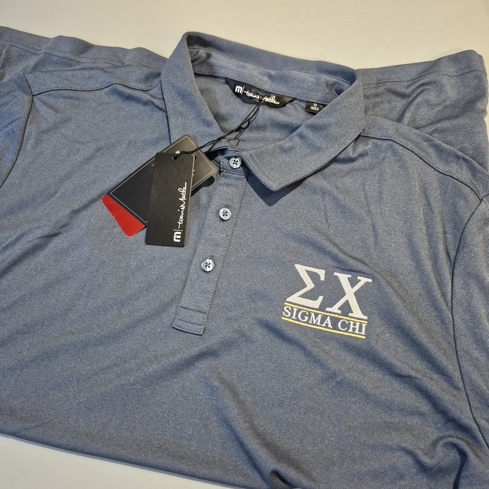 Travis Mathew Sigma Chi Polo Shirt Mens XL Blue Performance Golf Preppy New